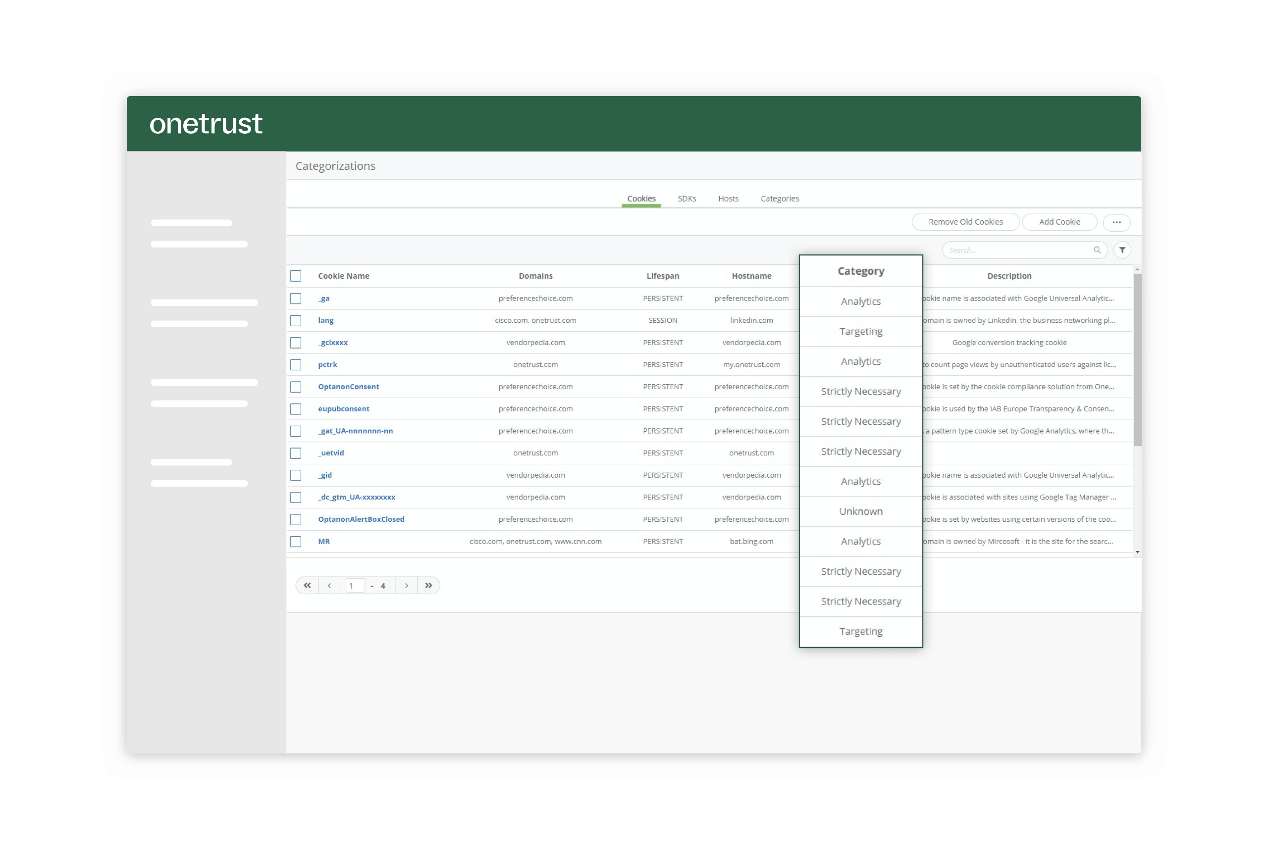 cookie和跟踪自动分类仪表板，按类型和目的对您网站的跟踪器进行分类。
