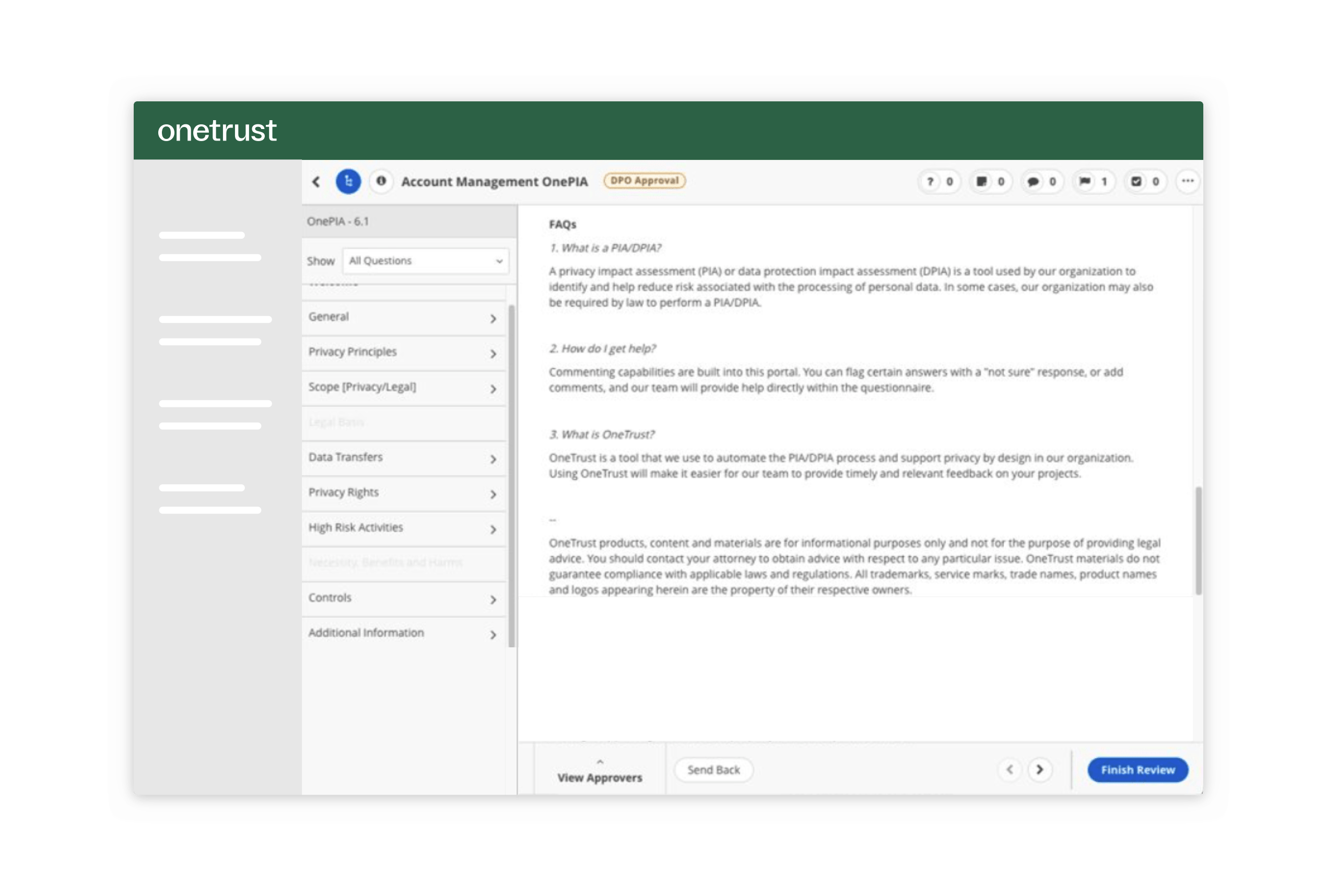 一般数据保护条例(GDPR)的屏幕，用户可以在其中设置合规性常见问题解答。